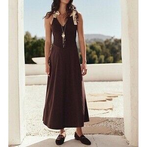 Free People Free-est Cecelia Solid Midi Dress Smocked Wine Cotton L 286367